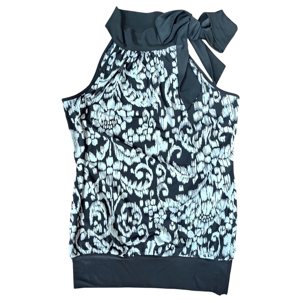 Heart Soul Womens‎ Black White Ikat Floral Halter Bow Neck Blouson Top Size M